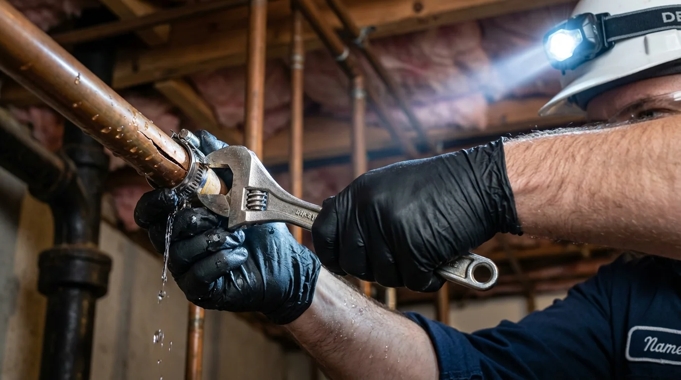 Emergency pipe clamp repair being performed by a Johns Plumbing LLC plumber in Forest Grove