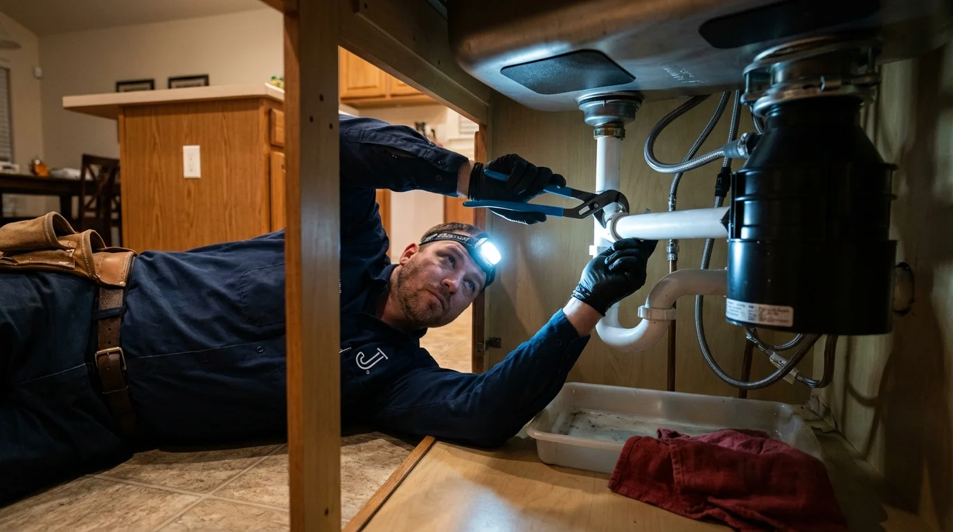P-trap and supply line connections under a kitchen sink showing a common leak point in Forest Grove, OR